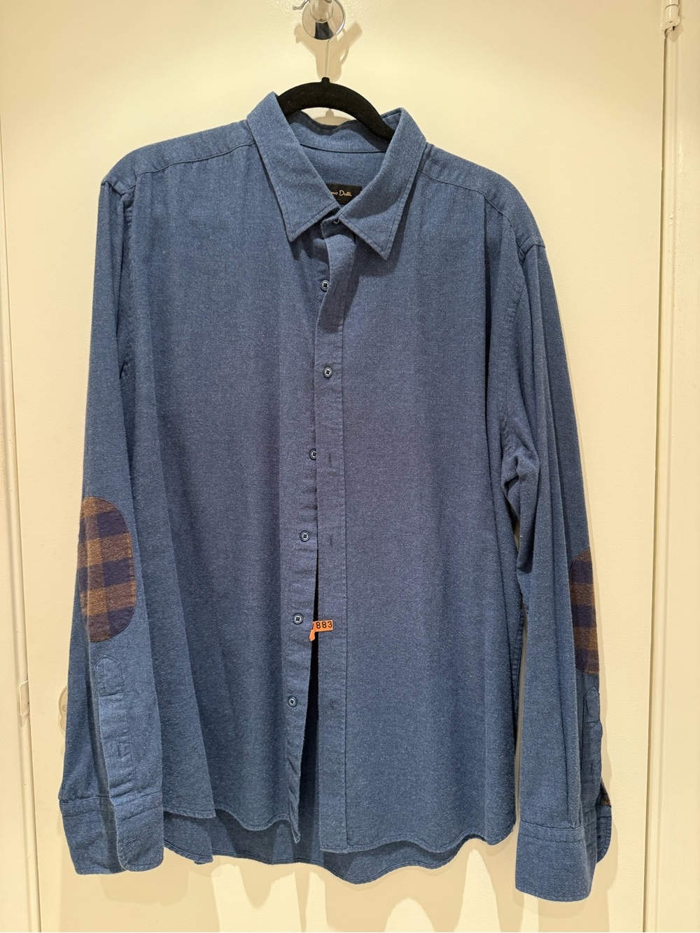 Massimo Dutti Denim-Blue Button-Down Shirt with Plaid Elbow Patches